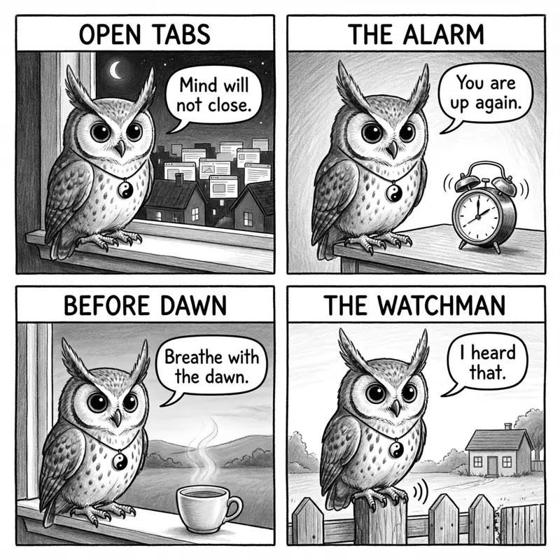 Ollie the screech owl and the signatures of a broken night: open tab windows, a ringing alarm clock, a pre-dawn breath, and a watchman on the fence, in four panels
