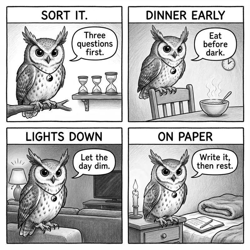 Ollie the screech owl and the evening fixes: three hourglasses, an early dinner bowl, a dimmed lamp, and a bedside notebook, in four panels