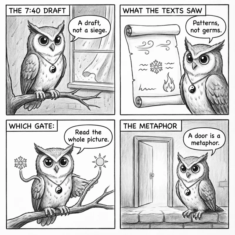 Ollie the screech owl and the idea of escorting illness out: a draft at a rainy window, a classical scroll with wind, snow, and fire, two route markers, and an open door, in four panels