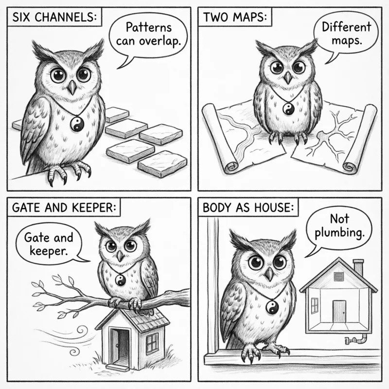 Ollie the screech owl and four ways to read a pattern: six overlapping stone tiles, two different maps, a gate and keeper, and an empty house diagram, in four panels