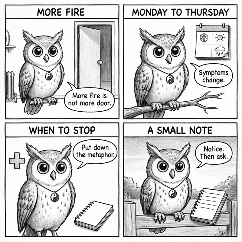 Ollie the screech owl and the limits of a metaphor: a radiator beside an open door, changing weather marks across four days, an emergency cross, and a small notebook, in four panels