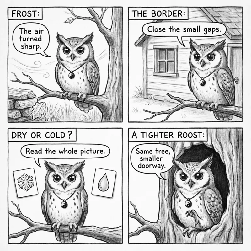 Ollie the screech owl in four frost and dryness scenes