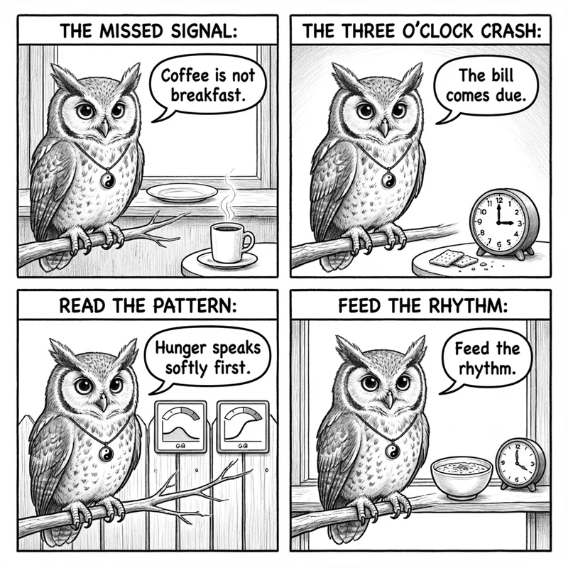 Ollie the screech owl reads appetite signals at breakfast, three o clock, and mealtime