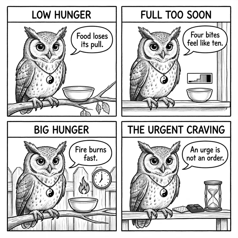 Ollie illustrates low appetite, early fullness, big hunger, and urgent cravings