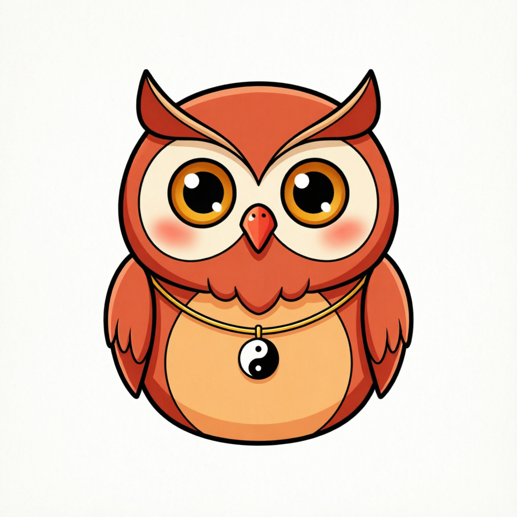 Ollie the TCM Owl — warm vermillion owl with red ear tufts and yin-yang brown pendant