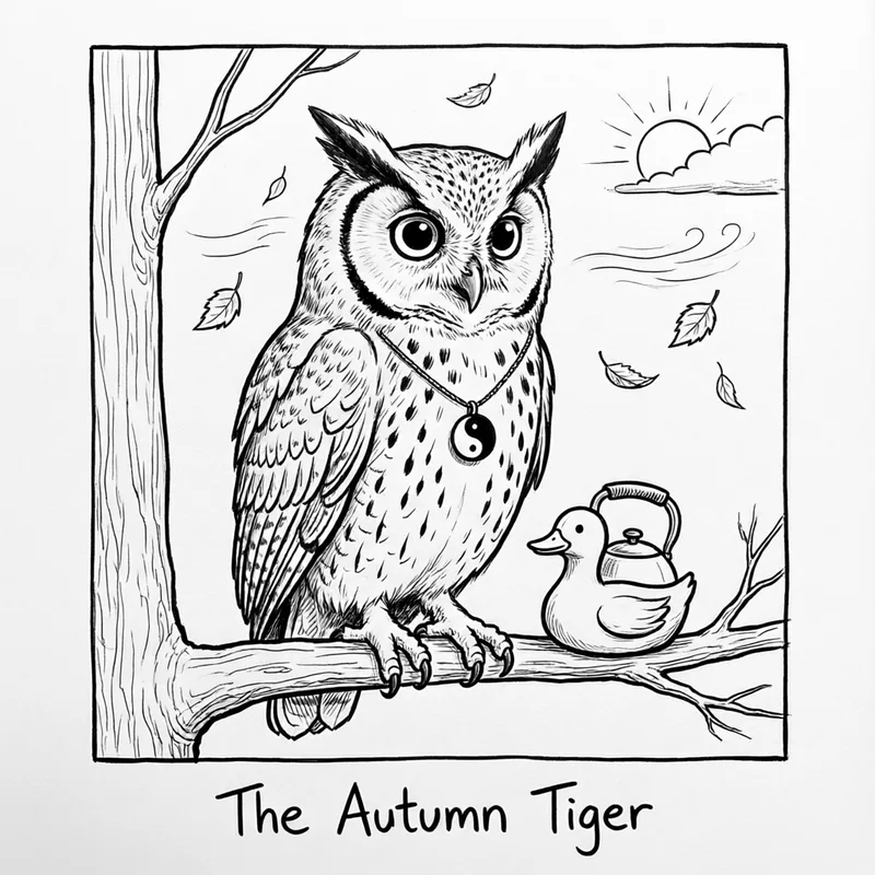 Ollie the screech owl perched on a branch at the turn of late summer, a small sun with soft rays behind a cloud and a few falling leaves, caption reading The Autumn Tiger