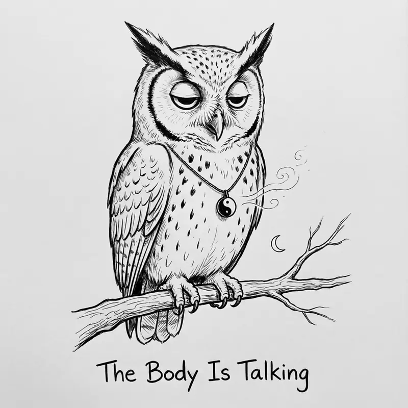 Ollie the screech owl perched on a branch at night, calm and breathing slowly, small swirls of breath rising from his chest and a crescent moon behind him, caption reading The Body Is Talking