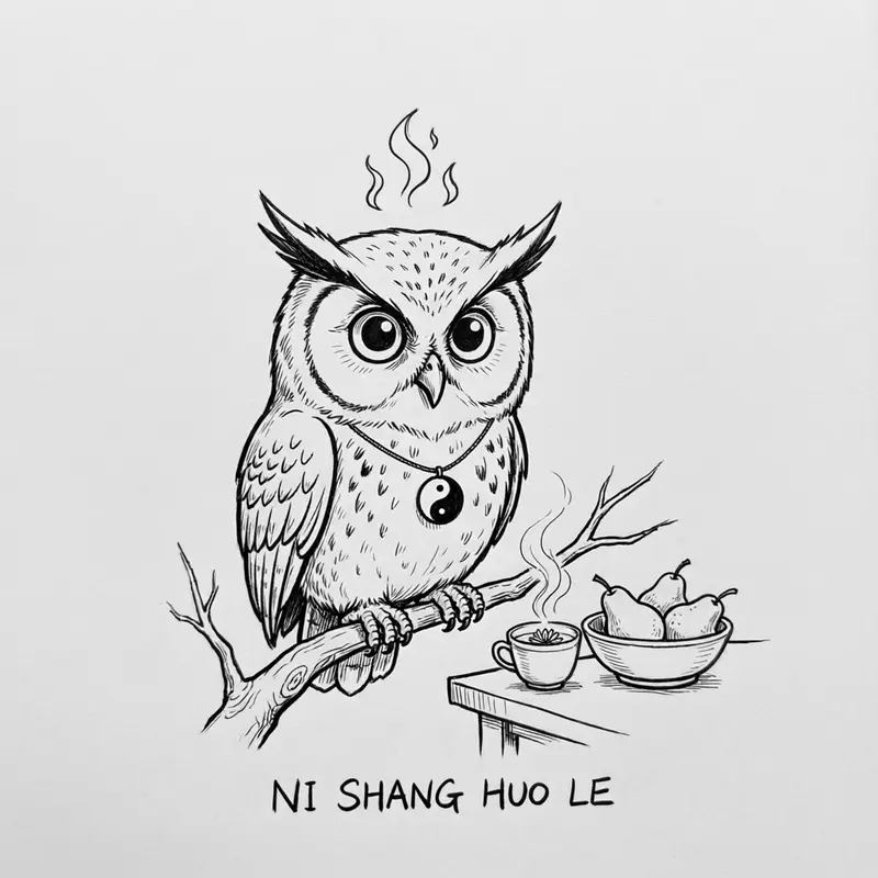 Ollie the screech owl with small flame curls above his head, chrysanthemum tea and a bowl of pears beside him, caption Ni Shang Huo Le