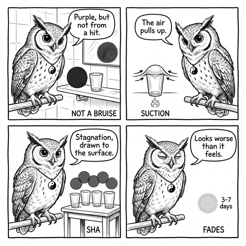 Ollie the screech owl and the cupping marks: suction, not a bruise, with a glass cup, flame, and a fading purple circle, in four panels