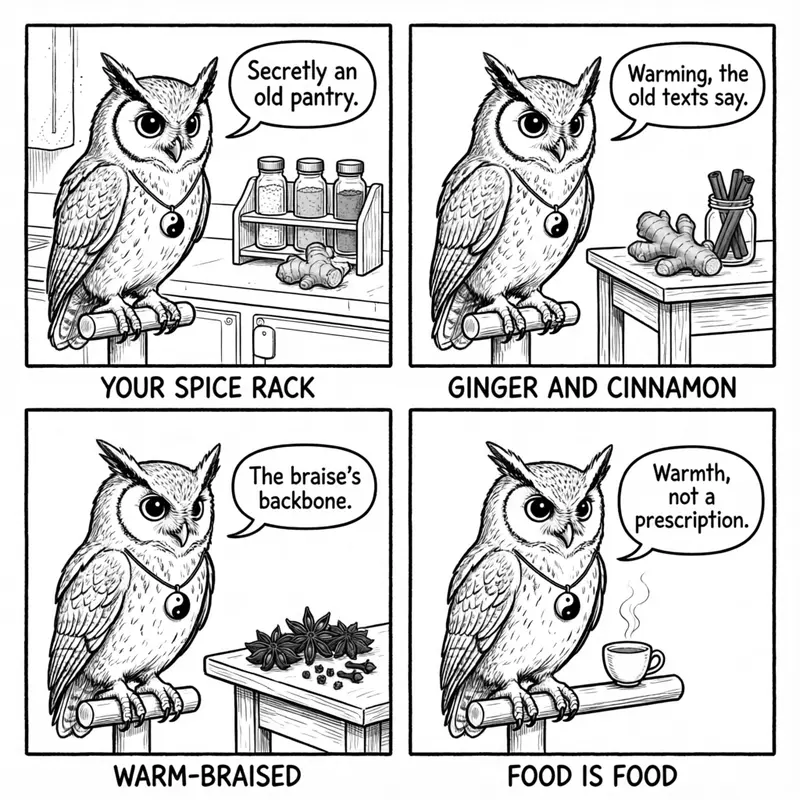 Ollie the screech owl and a kitchen spice rack: ginger, cinnamon, star anise, and Sichuan pepper, the old pantry, in four panels