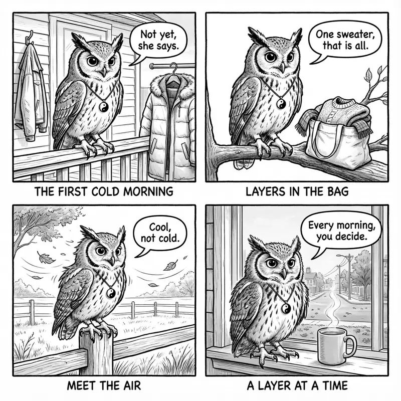 Ollie the screech owl and the autumn-coat debate: the first cold morning, the layers in the bag, a brisk walk, and the zipper left open, in four panels