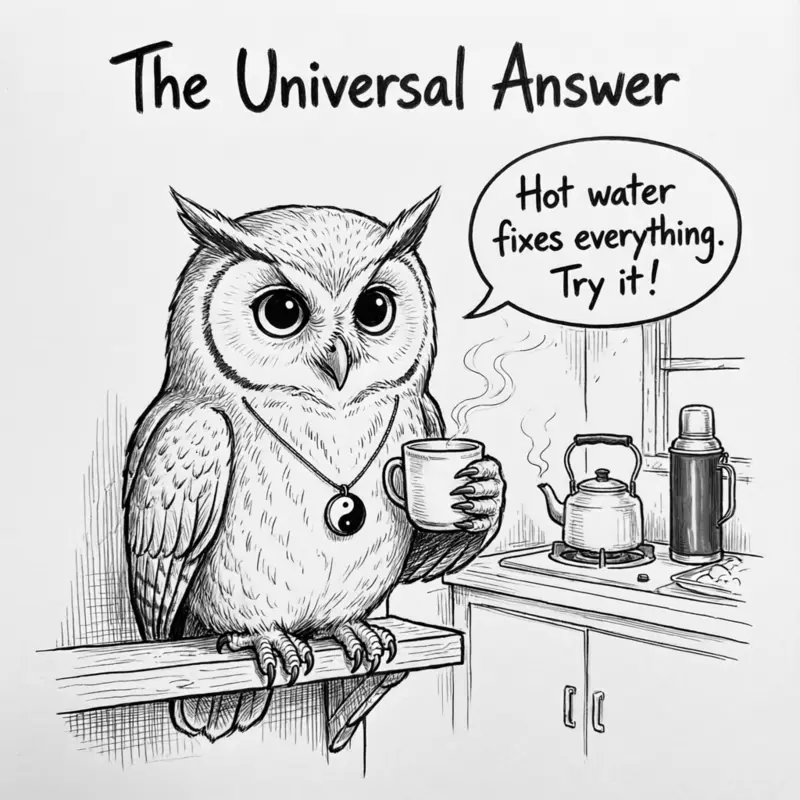 Ollie the screech owl holds a steaming mug of hot water in a Chinese kitchen, with a caption reading The Universal Answer